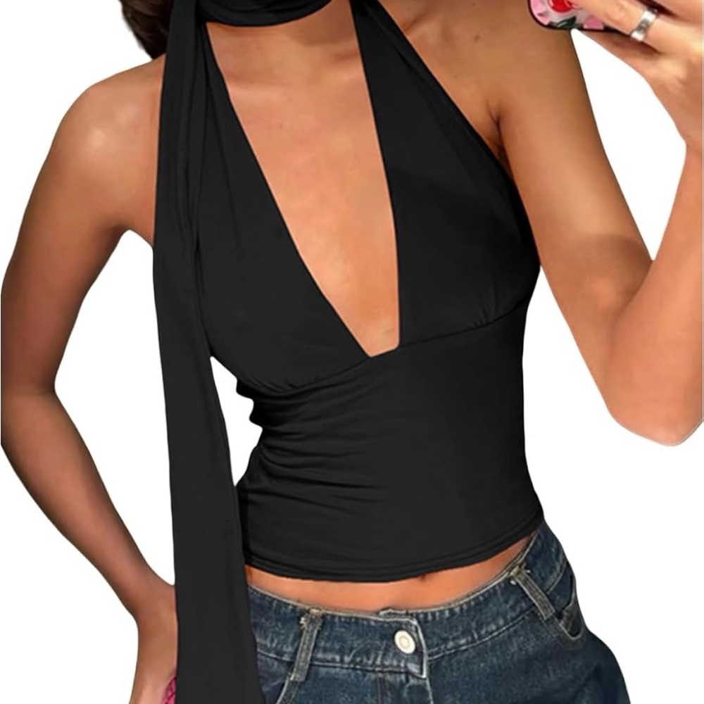 Sexy Halter Tops Deep V Neck Open Back Backless Low Cut Y2k